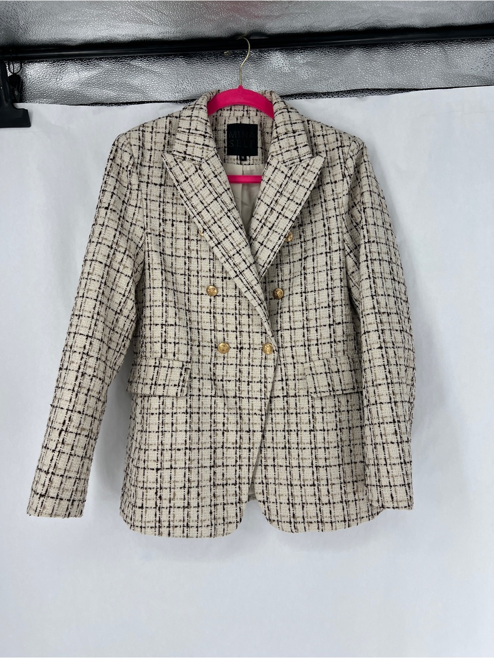 Mina Self Cream and Black Plaid Double-Breasted Tweed Blazer with Gold Buttons
